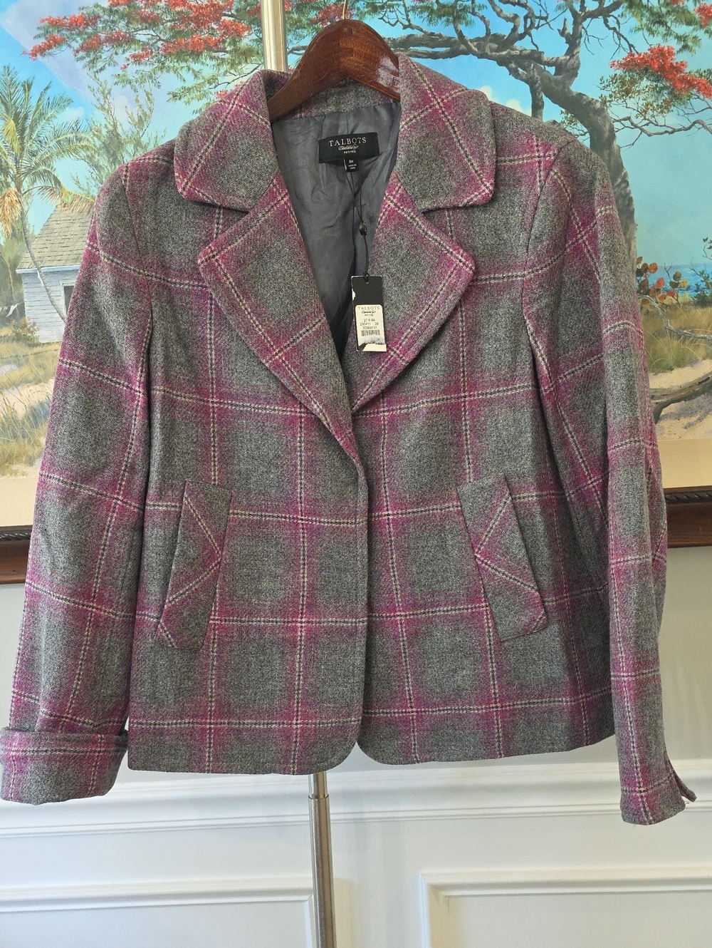 Talbots Gray Blazer Jacket with Pink Windowpane Plaid